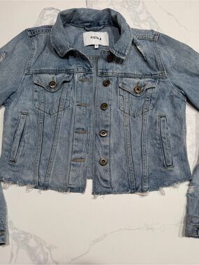 Pistola XS cropped, distressed & faded light blue denim jean jacket Y2K